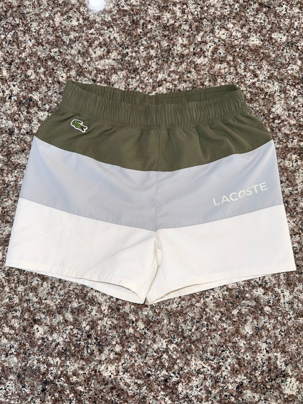 Kids Lacoste Olive, Gray & White Colorblock Swim Trunks 🐊